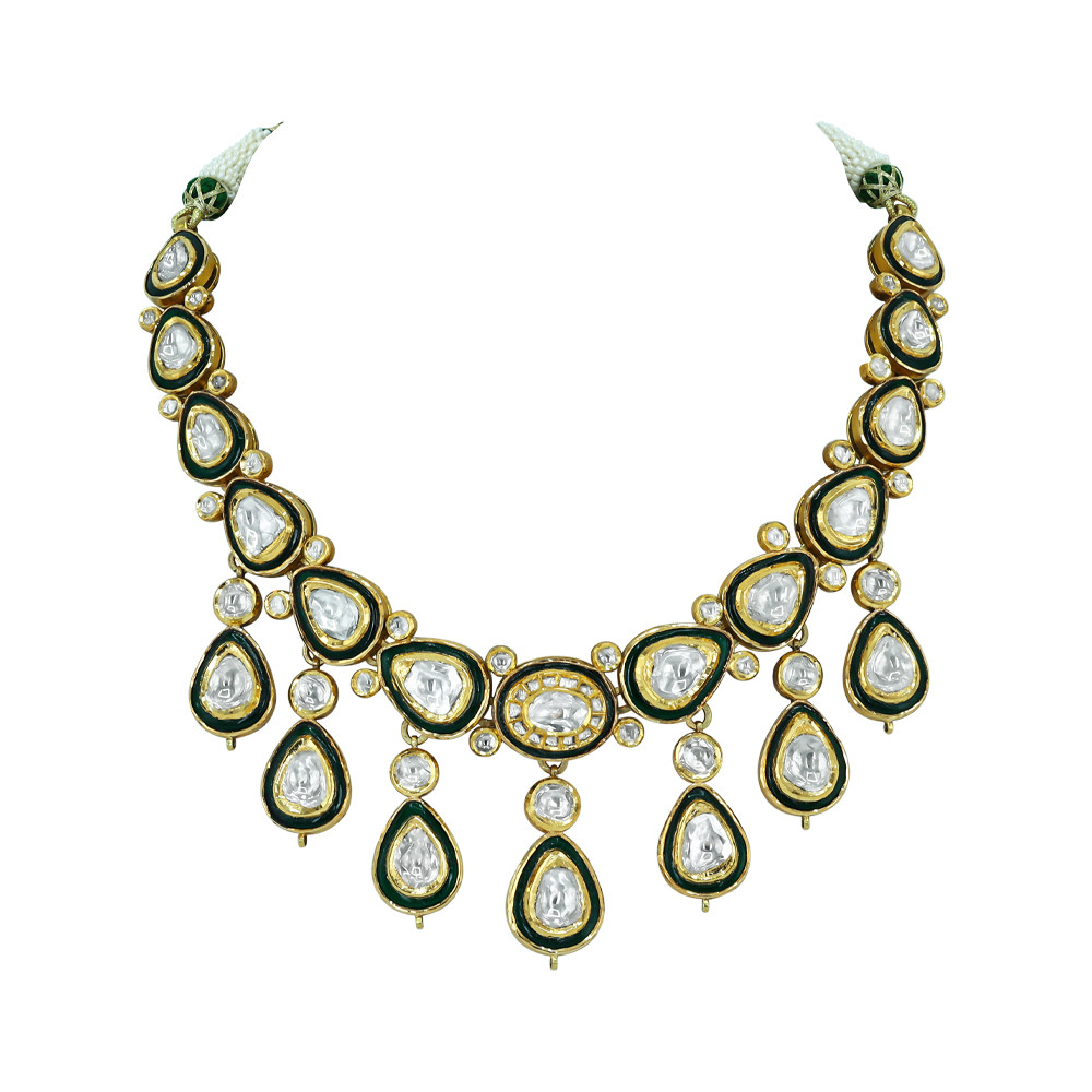 Polki Necklace with Green Enamel Detailing and Bold Design